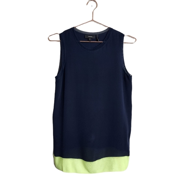 THEORY Lewie Silk tank top in Navy / chartreuse size Small - Picture 1 of 12